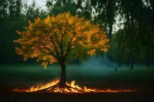 a tree with flames coming out of it in the middle of a field. AI-Generated photo