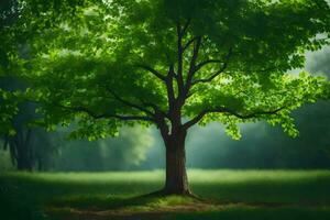 un árbol es en pie en el medio de un campo. generado por ai foto