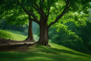 a tree is standing in the middle of a green field. AI-Generated photo