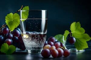 un vaso de agua y uvas en un oscuro antecedentes. generado por ai foto