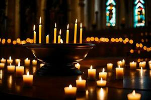 candles are lit in a church with candles in the background. AI-Generated photo