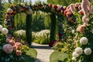 a walkway with flowers and greenery in the background. AI-Generated photo