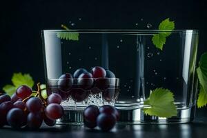 uvas en un vaso con agua y hojas. generado por ai foto