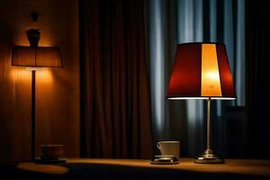 a lamp and a coffee cup sit on a table. AI-Generated photo