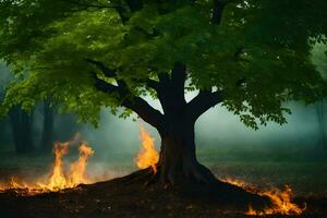 a tree with flames coming out of it in the middle of a forest. AI-Generated photo