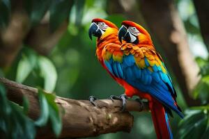 two colorful parrots sitting on a branch. AI-Generated photo