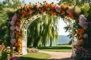 an archway with flowers and greenery. AI-Generated photo