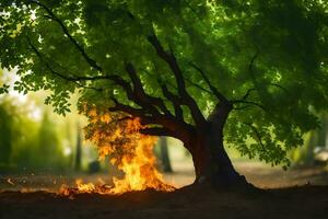 un árbol con fuego viniendo fuera de eso en el medio de el bosque. generado por ai foto