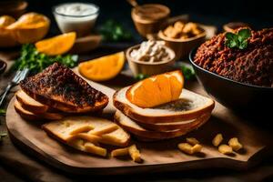 un plato de comida con pan, queso y naranjas generado por ai foto