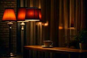 a coffee cup and lamp on a table in front of a window. AI-Generated photo