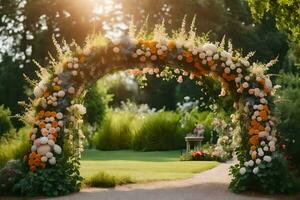 un arco con flores en el jardín. generado por ai foto