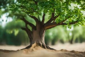 a tree in the sand with a blurry background. AI-Generated photo