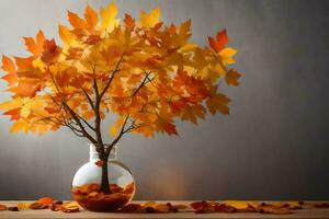 otoño hojas en un florero en un de madera mesa. generado por ai foto