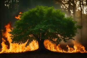 a tree is burning in the forest. AI-Generated photo