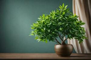 a potted plant on a table in front of curtains. AI-Generated photo