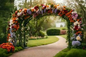 a wedding arch decorated with flowers in the garden. AI-Generated photo