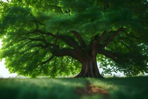 un grande árbol es en pie en el medio de un campo. generado por ai foto