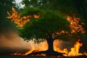 a tree is burning in the middle of a field. AI-Generated photo