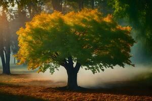 un árbol en el medio de un campo con fumar viniendo desde él. generado por ai foto