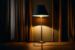 a lamp is on a table in front of a curtain. AI-Generated photo