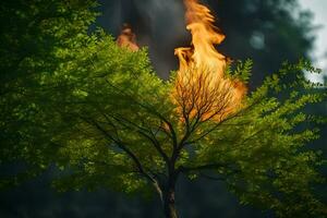 a tree with flames coming out of it. AI-Generated photo