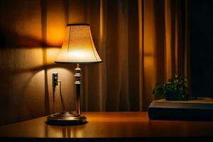 a lamp on a table in the dark. AI-Generated photo