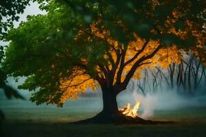 a tree with a fire in the middle of it. AI-Generated photo
