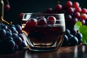 a glass of wine with grapes and leaves. AI-Generated photo