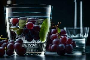 a glass of water with grapes and a glass of water. AI-Generated photo