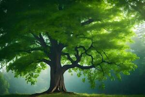 a large tree in the middle of a green field. AI-Generated photo