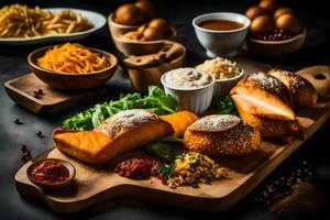 a wooden tray with food on it. AI-Generated photo