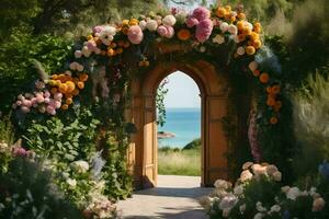 a flower archway leads to a beach with a view. AI-Generated photo