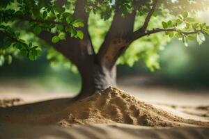 a tree with sand on top of it and a sand dune. AI-Generated photo