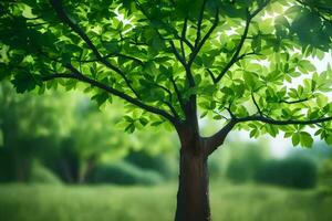 a tree is shown in front of a green field. AI-Generated photo