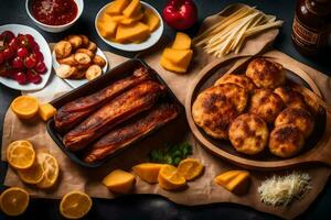 un mesa con varios comidas incluso carne, queso, y fruta. generado por ai foto