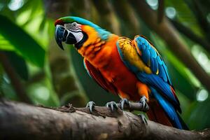 a colorful parrot sits on a branch in the jungle. AI-Generated photo