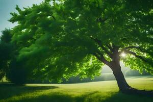 un árbol en el medio de un campo con el Dom brillante mediante él. generado por ai foto