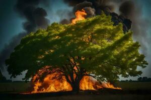 un ardiente árbol en el medio de un campo. generado por ai foto
