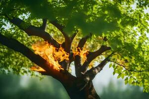 a tree with flames coming from it. AI-Generated photo