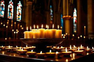 velas son iluminado en un Iglesia con velas en el antecedentes. generado por ai foto