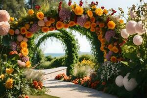 a flower archway is set up in the middle of a garden. AI-Generated photo