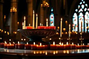 candles are lit in a church with candles in the background. AI-Generated photo