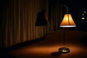 a lamp is on a table in front of curtains. AI-Generated photo
