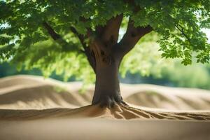 a tree in the desert with sand dunes in the background. AI-Generated photo