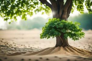 a tree growing in the sand. AI-Generated photo