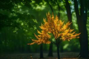 un soltero árbol en el medio de un bosque. generado por ai foto