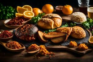 a variety of food on a wooden table. AI-Generated photo