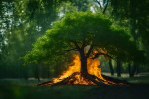 a tree with flames coming out of it in the middle of a forest. AI-Generated photo