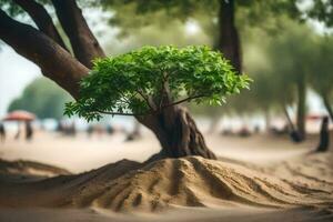 un pequeño árbol es creciente en el arena. generado por ai foto