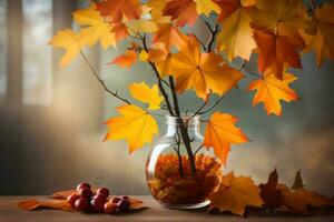 otoño hojas en un florero con bayas en un mesa. generado por ai foto